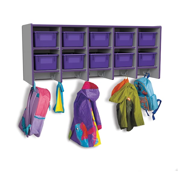 Rainbow Accents 10 Section Wall Mount Coat Locker, with Trays, Purple